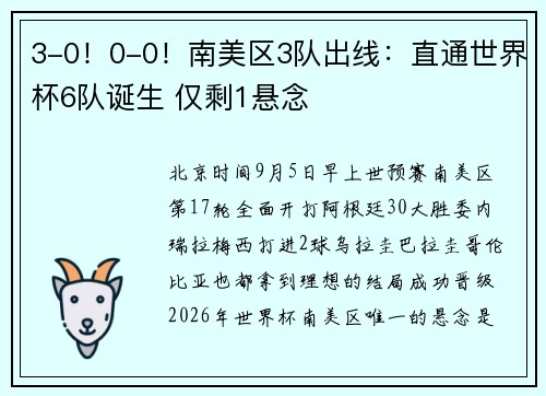 3-0！0-0！南美区3队出线：直通世界杯6队诞生 仅剩1悬念